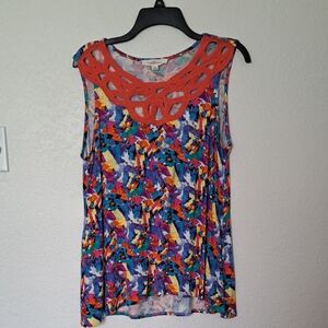 Crochet Yoke Multicolor Sleeveless Tank Top - Coral Yoke